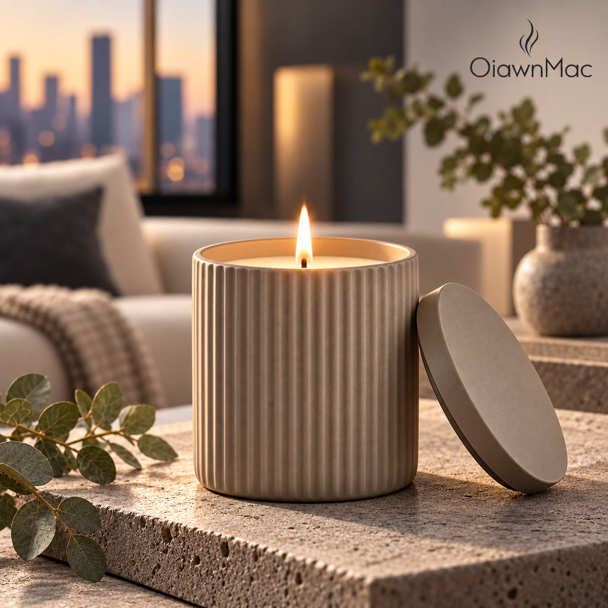 Ribbed Sand Ceramic-Look Scented Candle